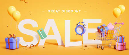 3d yellow great discount sale background. illustration of large sale word with shopping cart, gift boxes, credit card and countdown clock.
