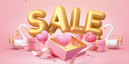 3d valentine's day sale promo banner template with swan couple, present boxes and large sale word phrase balloons