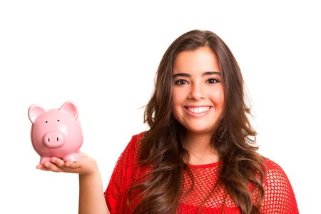 dolar: Young woman presenting a piggy bank (money box) - savings concept