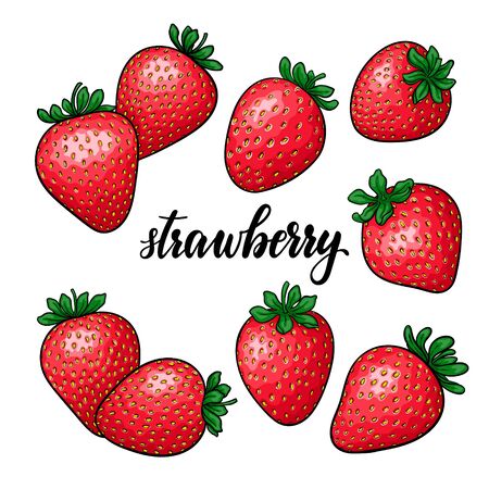 Set of beautiful cartoon red strawberry, lettering text strawberry. symbol of summer. design for holiday greeting card and invitation of seasonal summer holidays, beach parties, tourism and travel Stock Photo