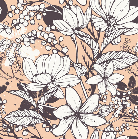 Peach flower: Beautiful seamless pattern with hand drawn flowers, frangipani, mimosa and lotus. Elegant repeating surface pattern perfect for web and print purposes. Hình minh hoạ