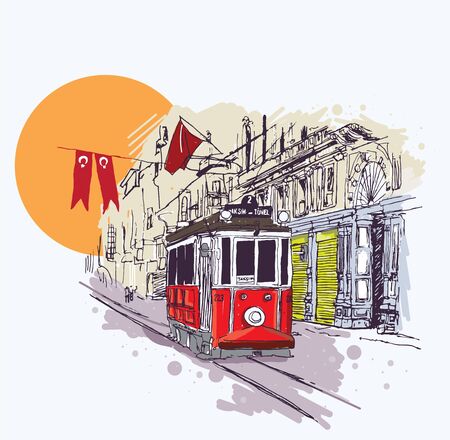 トルコ イスタンブールのイスティクラル通りにあるノスタルジックな赤い路面電車のデジタルベクトルイラスト 芸術的なスケッチスタイルの街並みシーン の イラスト素材 ベクタ Image