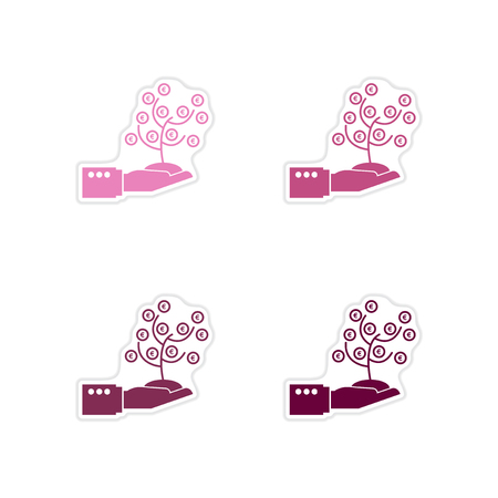 Set of paper stickers on white background Money Tree Hand Иллюстрация