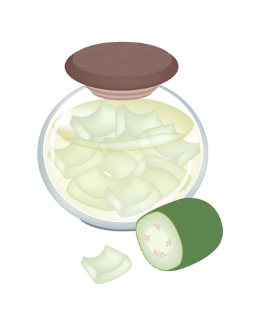 野菜 漬物の骨髄または酢の塩水のキュウリと白い背景で隔離されたガラスの瓶で塩のイラスト のイラスト素材 ベクタ Image