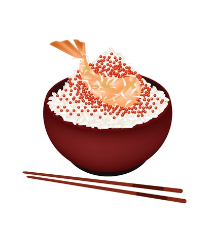 日本料理 白のイラスト蒸し米トビコとトッピングとえび天ぷら丼では白い背景の上孤立しました のイラスト素材 ベクタ Image