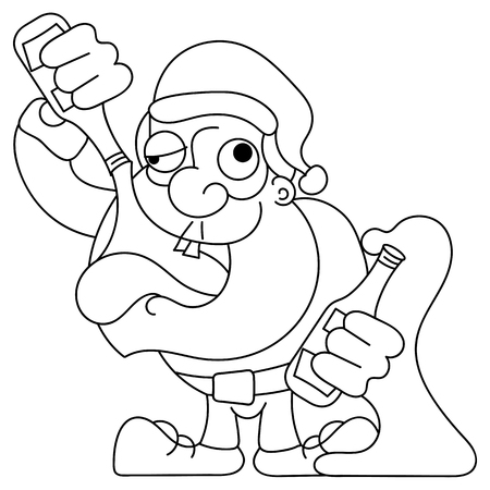 Santa Claus Dancing and Drinking Vector Cartoon - Drunk Claus holding a champagne bottle.