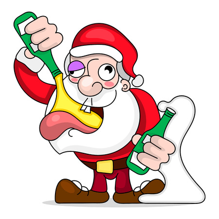 Santa Claus Dancing and Drinking Vector Cartoon - Drunk Claus holding a champagne bottle.