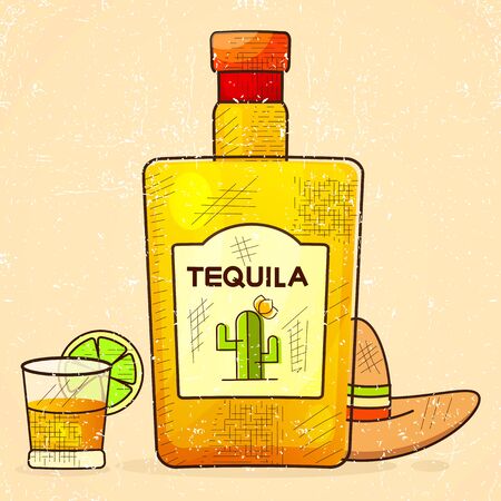 Mexican background with a fancy bottle of tequila. fancy tequila name added. template for greeting card, invitation or poster. vector file eps10.