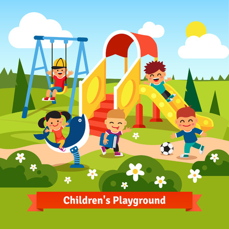 Kids playing on playground. Swinging and sliding children. Flat style vector cartoon illustration. - 48013820