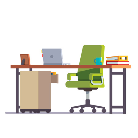 自宅やオフィス デスク キャスター椅子 ラップトップ コンピューター いくつかの用紙 バインダー テーブル ランプ 正面から見た図 フラット スタイル色のモダンなベクトル イラスト のイラスト素材 ベクタ Image