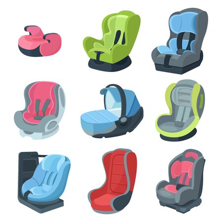Set of child car seats for various age groups 0,1,2,3 child, infant, newborn baby. Armchairs for safe movement in vehicles, car type of child restraint, seat, support cushion, booster. Vector cartoon illustration.