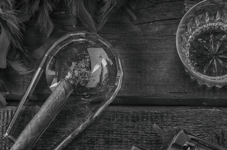 トンプソン銃 リボルバー 灰皿 ウィスキー グラス 青い羽毛製の襟巻で葉巻 黒と白 の写真素材 画像素材 Image