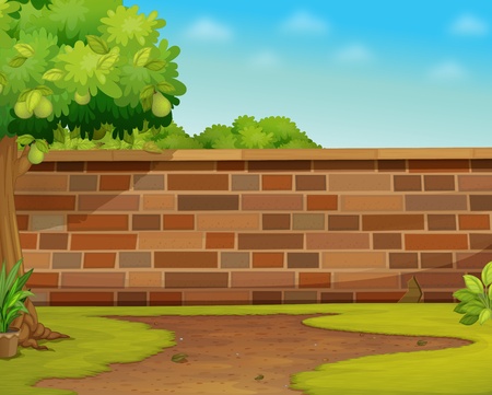 Illustration of a brick wall in a garden Illustration
