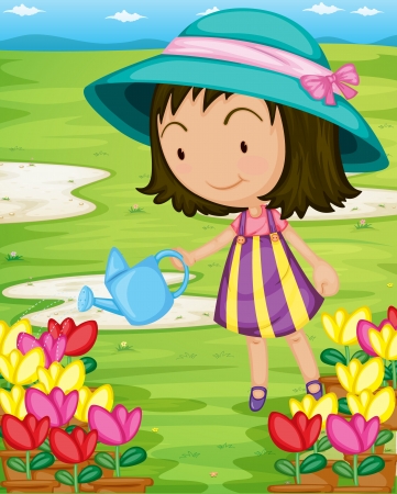 Illustration of girl watering plants - 13732729