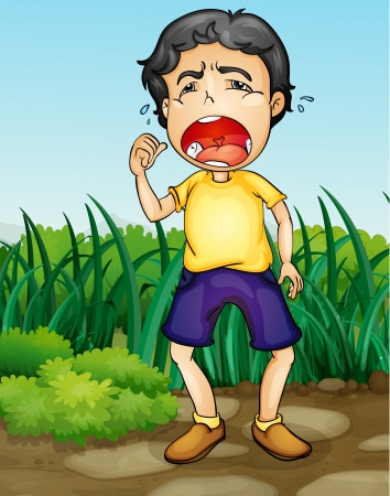 Illustration of a boy crying in a garden Stock Photo
