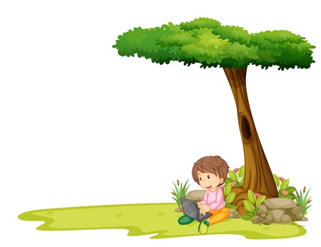 Illustration of a boy with a laptop under a tree on a white background