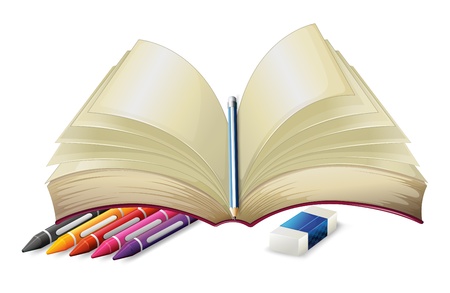 illustration of a book with a pencil an eraser and crayons on