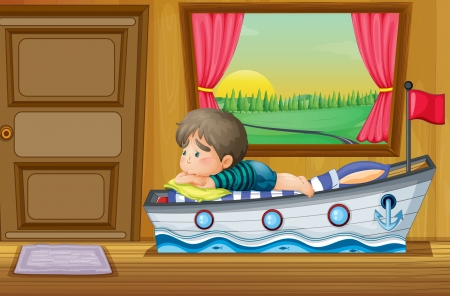 Illustration of a sad little boy inside the house