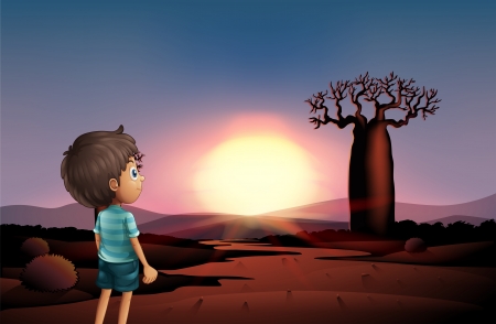 砂漠で夕日を見て若い女の子のイラスト のイラスト素材 ベクタ Image