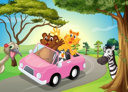 Illustration of a pink car with animals