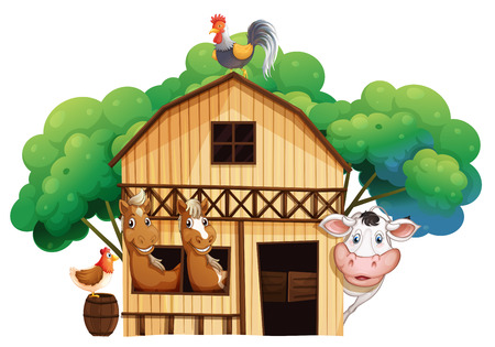 Illustration of a farmhouse with animals on a white background Vector Illustration