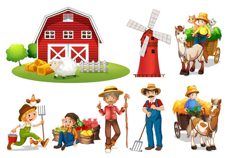 Illustration of a set of farmers and a barn