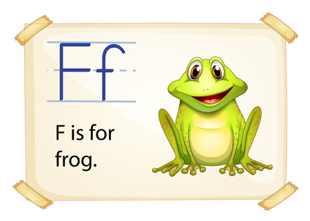 literacy card showing the letter f with example object and sentence vector