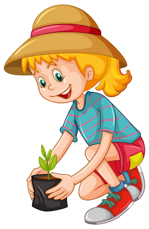 Happy girl planting the tree illustration - 53963383