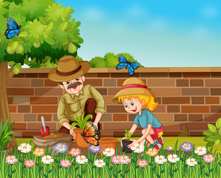 Girl and dad planting trees in the garden illustration