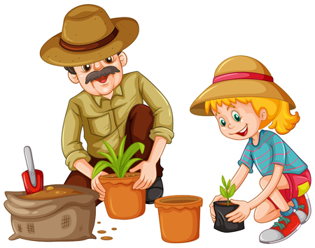 Grandfather and kid planting trees illustration