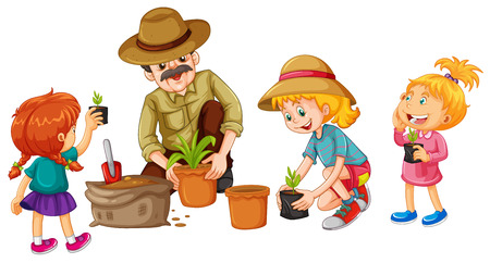 Girls and father planting tree illustration Иллюстрация