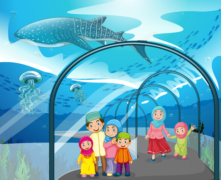 子供クジラを見て水族館図中のダイバー のイラスト素材 ベクタ Image