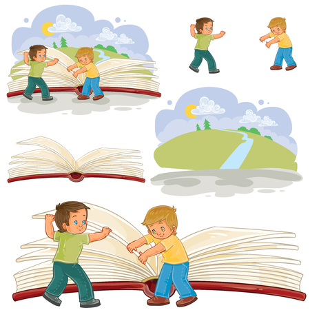 Set of vector illustrations of little boys turn pages great book, read the book of life. metaphor