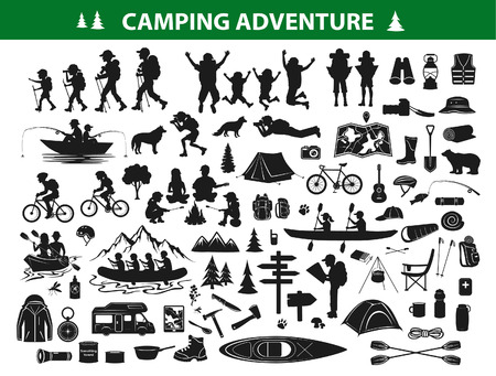 camping hiking silhouette collection set. people trekking, navigating, sitting at campfire tent, kayaking, rafting, fishing, mountain biking. Campsite gear, equipment, accessories: backpack, sleeping bag, guitar, cooking tools, map, caravan, boot, compass Vector Illustration