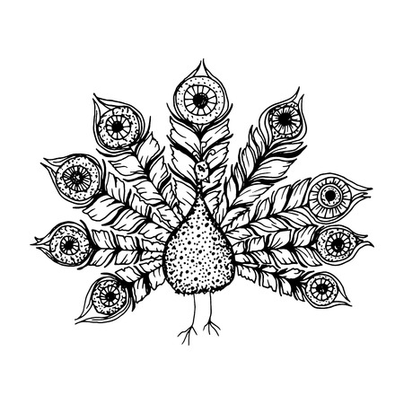 孔雀の装飾的な黒と白で描かれたイラストを手します。Zentangle