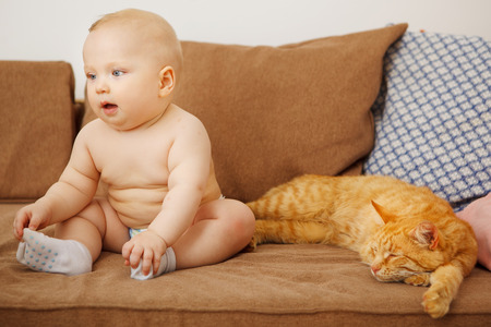 赤ちゃんと猫 ネコ科の動物の幼児のアレルギーのソファの上に座っています の写真素材 画像素材 Image