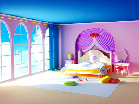 Sala de princesa de conto de fadas. a menina quarto rosa com ...