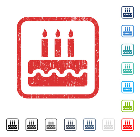 誕生日ケーキのゴムは いくつかの色のバージョンで透かし グランジ デザインと汚れた質感と丸みを帯びた長方形フレーム内のベクトル アイコンのシンボル スタンプ シール イラスト 汚れたステッカー のイラスト素材 ベクタ Image