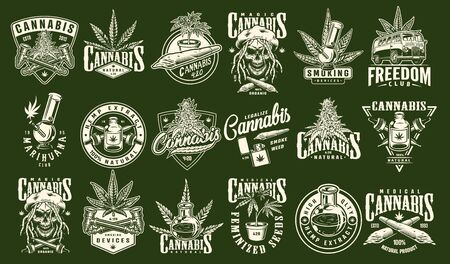 Vintage Cannabis And Marijuana Prints Set With Inscriptions Hemp Plants Oil Van Rastaman Skull Smoking Equipment On Green Background Isolated Vector Illustration