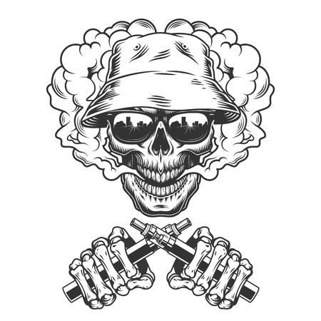 Vintage monochrome skull in panama hat in smoke cloud and skeleton hands holding vaporizers isolated vector illustration