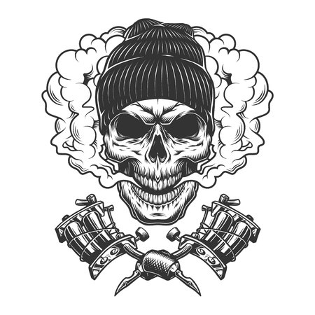 Vintage monochrome skull wearing beanie hat in smoke cloud with crossed tattoo machines isolated vector illustration