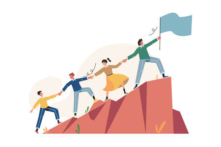 Group of people run to their goal on the up of the hill
