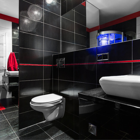Spacious, Stylish And Modern Bathroom In Black With Red Details ... Spacious, Stylish And Modern Bathroom In Black With Red Details ...
