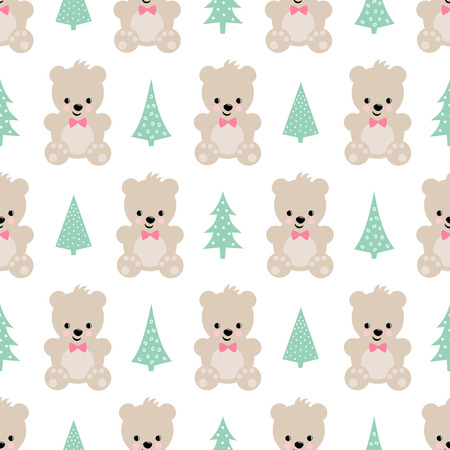 Teddy Bear With Xmas Trees Seamless Pattern On White Background
