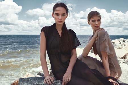2 つのセクシーな美しい女性ファッション モデル ブルネットと金髪が着用スタイル服シルクのドレス秋夏コレクション ポーズ自然の美しさの嵐天候水海石のビーチ岩曇り劇的な太陽 の写真素材 画像素材 Image 2 つのセクシーな美しい女性ファッション モデル ブルネットと金髪が着用スタイル服シルクのドレス秋夏コレクション ポーズ自然の美しさの嵐天候水海石のビーチ岩曇り劇的な太陽 の写真素材 画像素材 Image