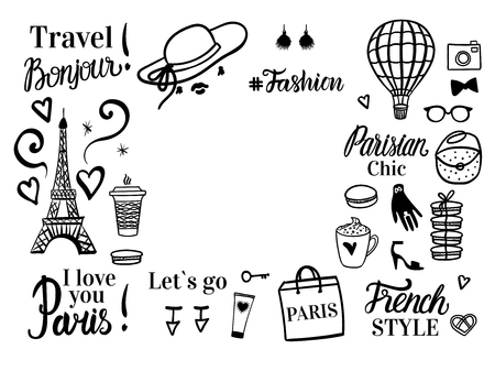 Paris discount tour. set shopping black sketch fashion illustration. banner with space for text. vector isolated on white background. Фото со стока