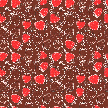 Strawberry sweet red berry seamless pattern. design surface texture. hand drawn white line contour vector illustration on chocolate background