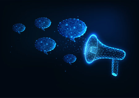 Annonce futuriste, promotion, concept publicitaire avec mégaphone et bulles
