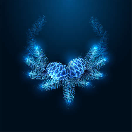 Christmas festive abstract wreath with glowing conifers and pine tree branches on dark blue Imagens