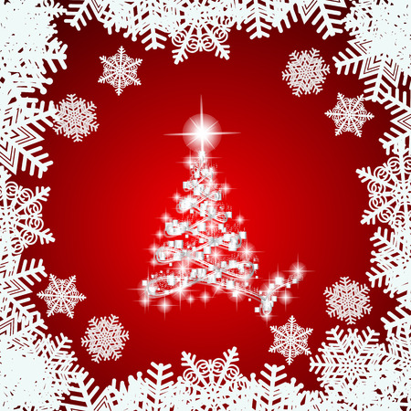 Abstract Background With White Christmas Tree Snowflakes And Stars Illustration In Red